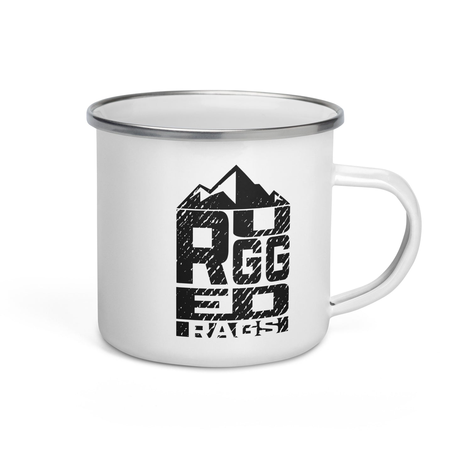 Distressed "Rugged Rags" Block Logo Enamel Mug